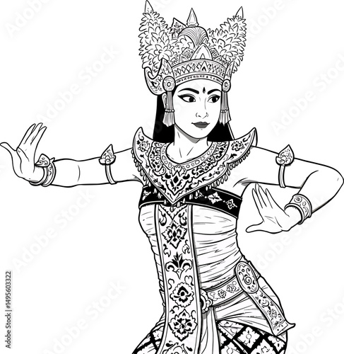 Elegant Line Art Drawing of a Balinese Dancer in Traditional Costume
