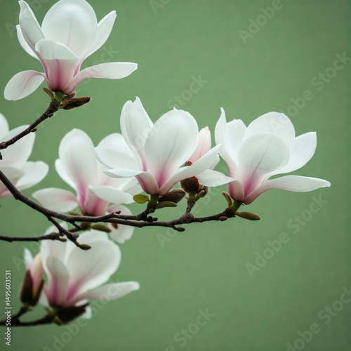 Close-up of White Magnolia Flowers on Green