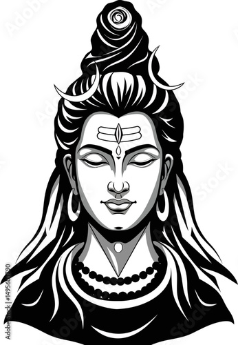 Serene Black and White Illustration of Lord Shiva, Hindu Deity, Peaceful Meditation, Spiritual Art