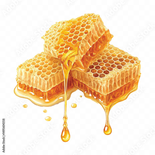 realistic sweet Honeycombs with honey drops isolated on transparent background