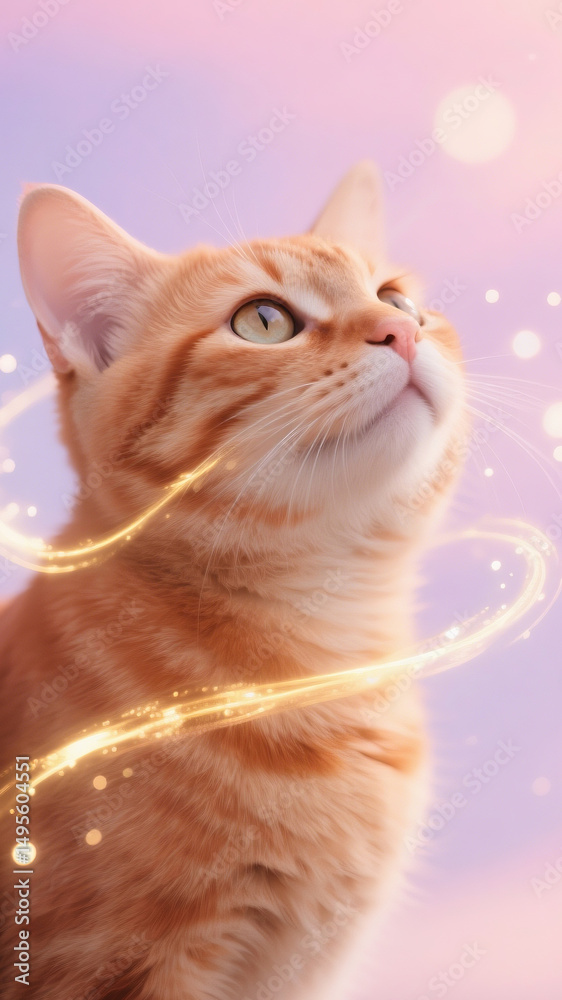 Fototapeta premium Fantasy space cat in pink and blue nebula with golden energy flow.