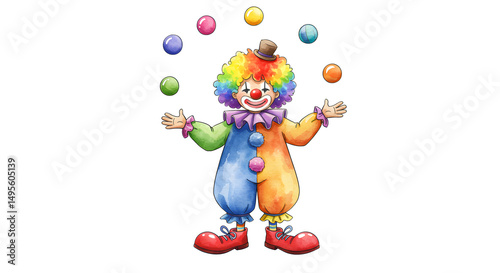 Cheerful clown juggling colorful balls on transparent background