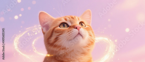 Fantasy space cat in pink and blue nebula with golden energy flow.
