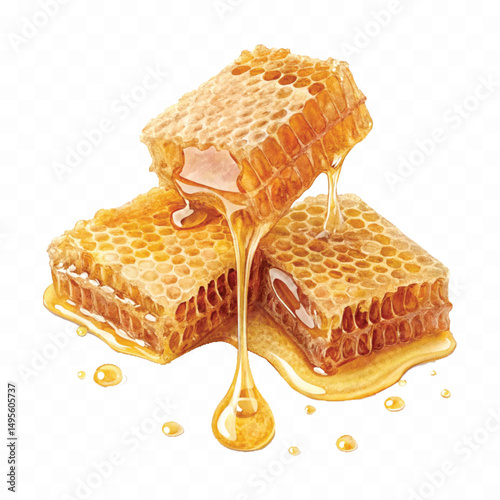 realistic sweet Honeycombs with honey drops isolated on transparent background