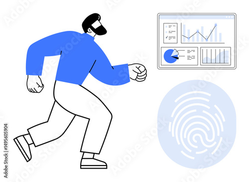 Businessperson in motion beside analytics dashboard and fingerprint scanning design. Ideal for data security, technology, innovation, analysis, progress, business strategy, simple landing page