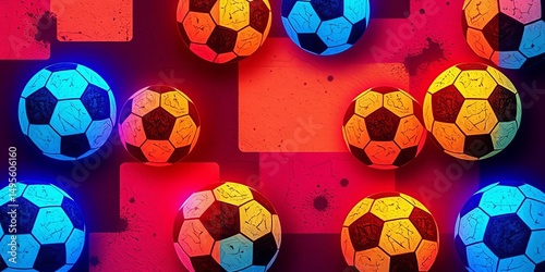 Abstract urban geometric seamless pattern with scuffed neon texture, football and soccer balls; ample empty space,  ball, soccer