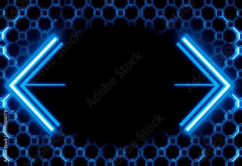 Abstract twin blue neon arrows on dark hexagon mesh; glossy, futuristic, direction, digital, blue