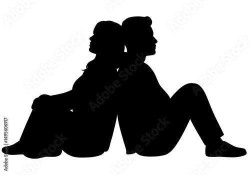 Couple Sitting Back-to-Back Silhouette, Mutual Support Vector