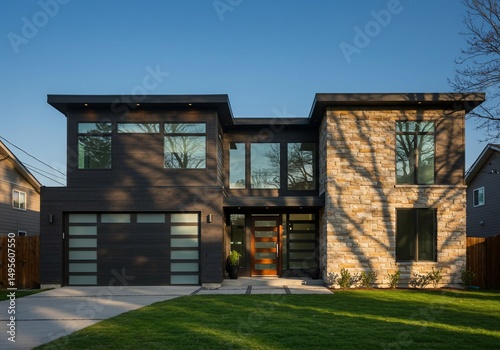 Modern home in sunlight. Residential house with two stories in residential area