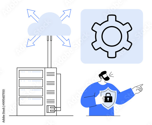 Cloud server with directional arrows, a shield with lock for security, gear icon for settings, and person pointing. Ideal for cloud computing, cybersecurity, IT management, software optimization