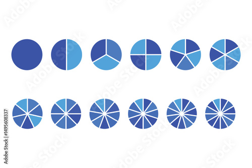 Pie chart set. Circle section graph. Pie chart divided 1,2,3,4,5,6,7,8,9,10,11,12 equal parts