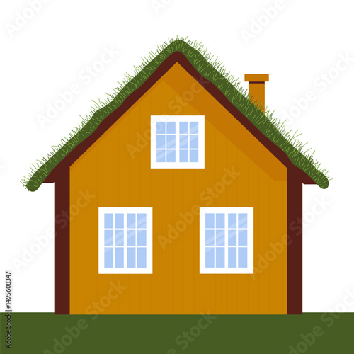 Cute yellow wooden Scandinavian house with a grass turf roof. Norwegian hytter. Eco home, vector isolated illustration