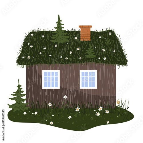 Cute old wooden Scandinavian house with a green grass turf roof on a daisy lawn. Norwegian hytter. Vector isolated illustration