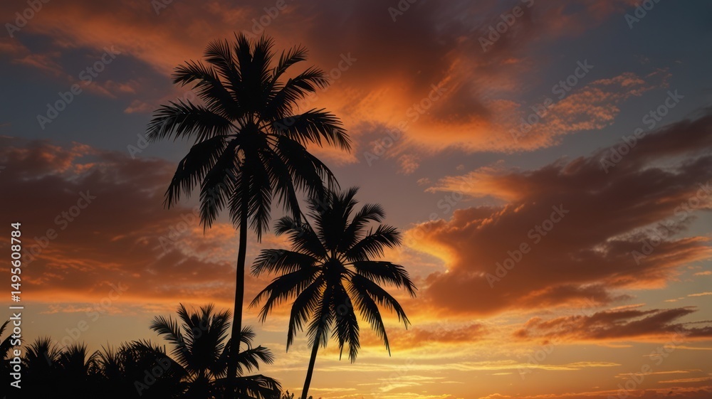 Obraz premium Silhouette palm trees against vibrant sunset sky