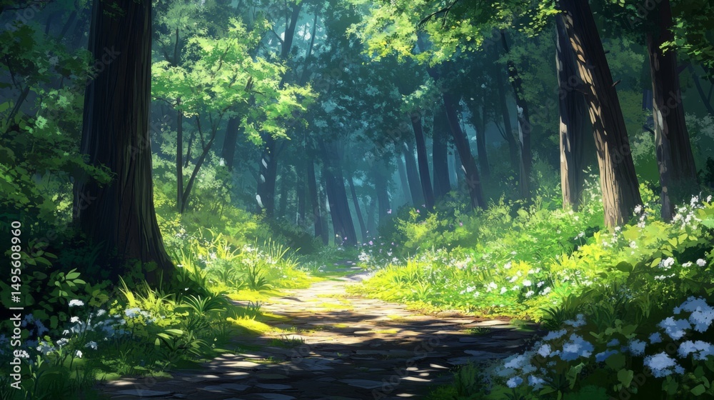Fototapeta premium Sunlit Forest Path: Lush Green Trees and Sunlight