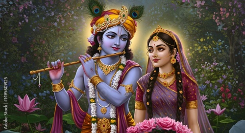 Divine Couple Krishna and Radha in a Serene Garden Setting - Spiritual Art