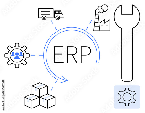 ERP at center connecting supply chain, warehouse, factory, maintenance. Ideal for technology, systems management, logistics, manufacturing, business operations industrial processes simple landing