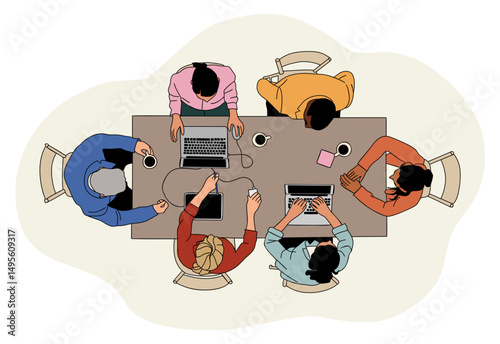 Creative business team working together around table with laptops, tablets, coffee. Colored Sketch style vector illustration, top view of brainstorming, teamwork, meeting, and collaboration scene