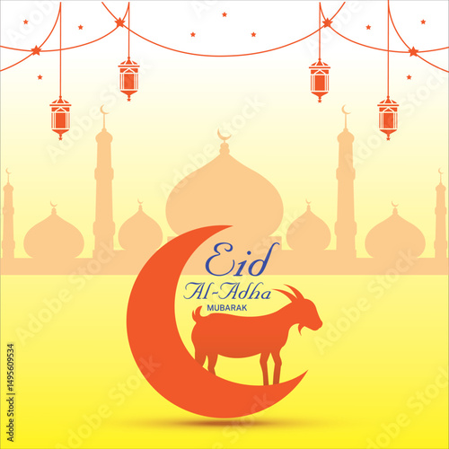 Eid Al Adha Mubarak poster, eid al adha card, eid adha banner, eid al adha template design with sheep, mosque, lumps, moon, stars, green, blue, golden with vector illustration.