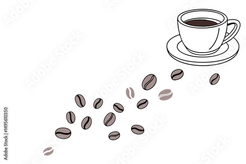Coffee cup and scattered beans in single line illustration