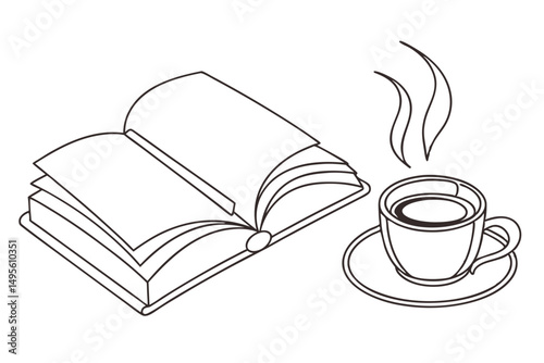Cup of coffee with book in one line art illustration