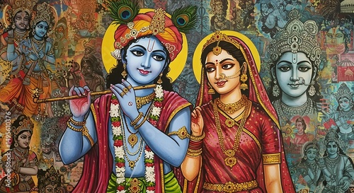 Vibrant Collage Artwork Depicting Radha and Krishna, Hindu Deities, in Rich Detail and Traditional Attire, Perfect for Spiritual or Cultural Projects