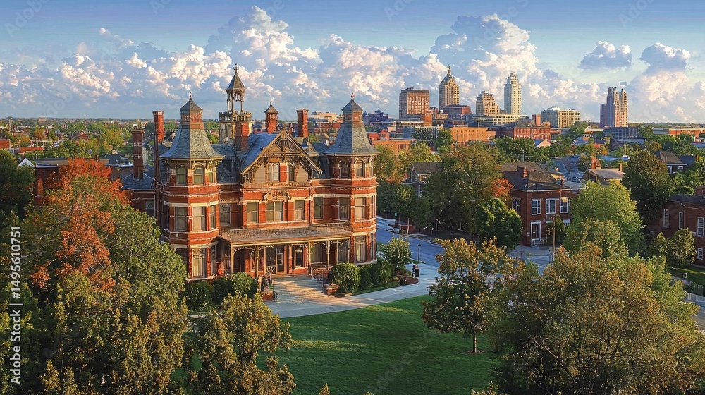 Fototapeta premium Panoramic view of a historic building amidst landscaped grounds and city skyline.