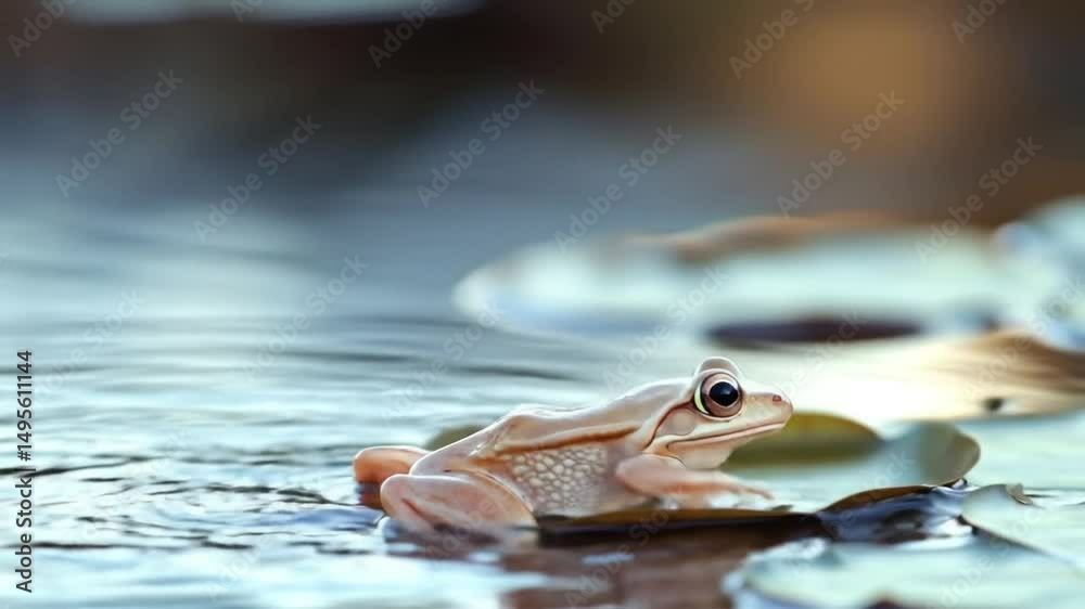 Light beige frog perched on water, lily pads in background.  Close-up, serene, natural scene