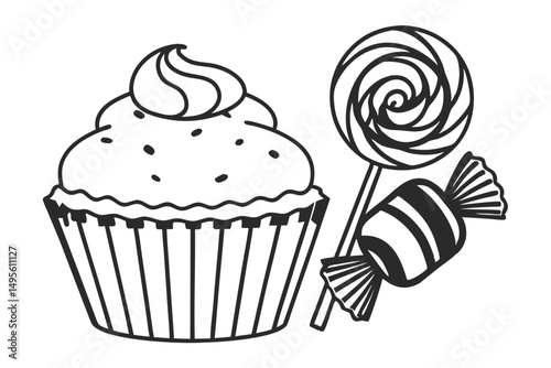 One line sketch of candy and cupcake dessert