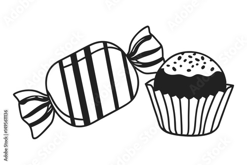 Sweet candy and muffin cake line art drawing