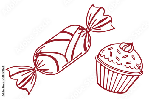 Muffin and sweet candy in line art on white background