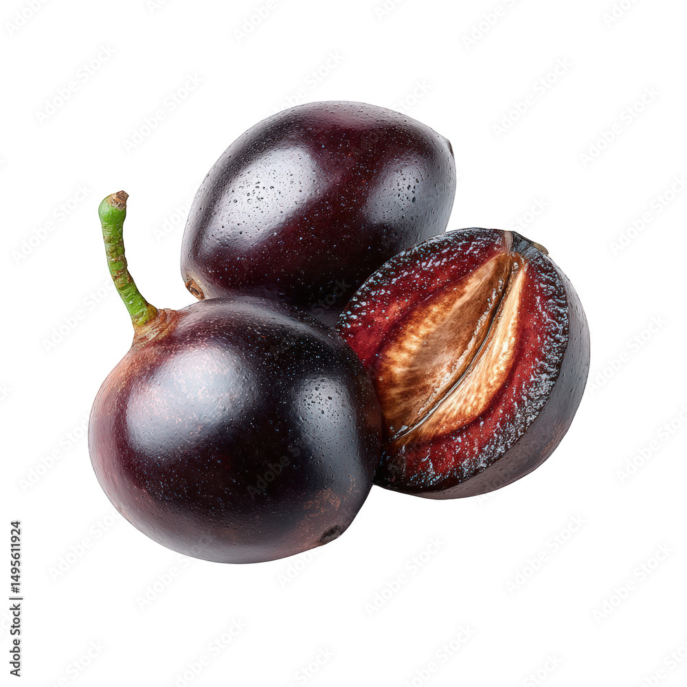 Fototapeta premium A close up shot of three java plums with one cut open showing the inside on a black background