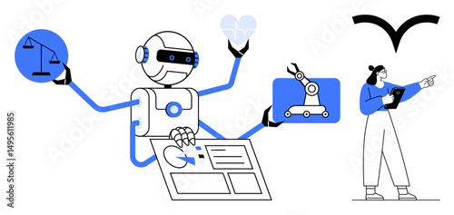 Robot with multiple arms holding justice scale, heart, robot arm, and touchscreen. Woman with tablet pointing. Ideal for technology, AI applications, innovation, ethics collaboration automation