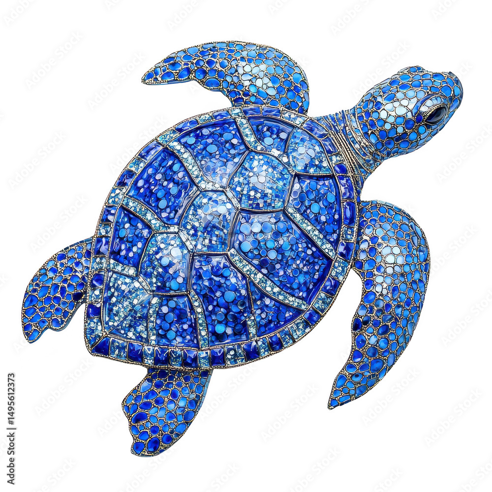 Fototapeta premium Vibrant blue mosaic sea turtle with intricate patterns and textures, showcasing blend of light and dark blue hues. artwork captures essence of marine life with creative and artistic flair