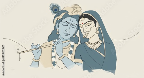 Serene Illustration of Radha and Krishna A Timeless Depiction of Divine Love and Devotion in Indian Mythology