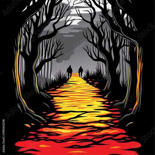 Two figures walk a path of fire through a dark forest
