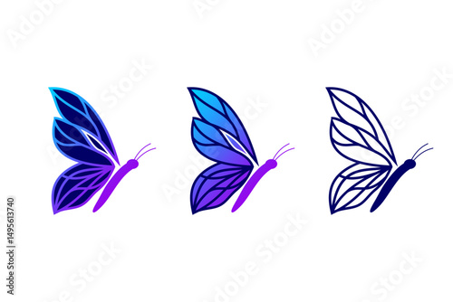 set of butterflies flying isolated