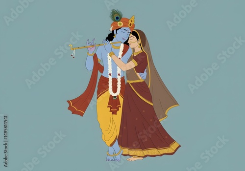 Radiant Embrace A Stunning Illustration of Radha and Krishna's Divine Love, Depicting Their Timeless Bond and Spiritual Devotion in Vibrant Hues.