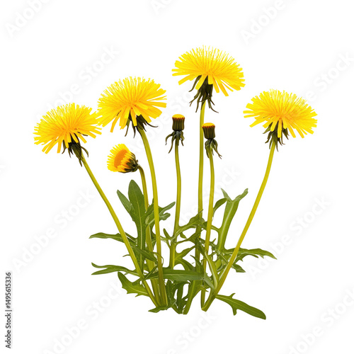 A cluster of dandelions with bright yellow flowers and green leaves on a black isolated background image