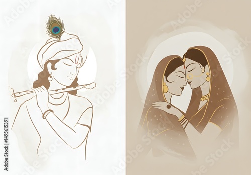 Elegant Line Art Illustrations Divine Couple & Krishna Playing Flute, Indian Mythology Inspired Art Prints
