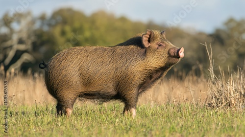Young Pot Belly Pig in a grassy field, standing tall and looking right, with the sky and trees blurred in the background.