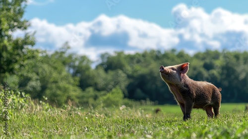 Young Pot Belly Pig standing in green grass, looking to the right with trees and a beautiful blue sky out of focus in the background.