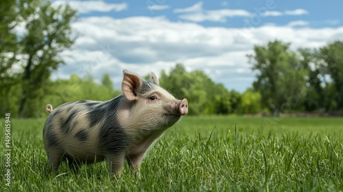 Young Pot Belly Pig standing in green grass, looking to the right with trees and a beautiful blue sky out of focus in the background.