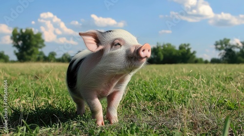 Young Pot Belly Pig standing in the field, looking to the right, with a peaceful blue sky and blurred trees in the distance.