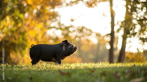 Young Pot Belly Pig standing still in the grass, looking to the right, with blurred trees and a bright sky above.