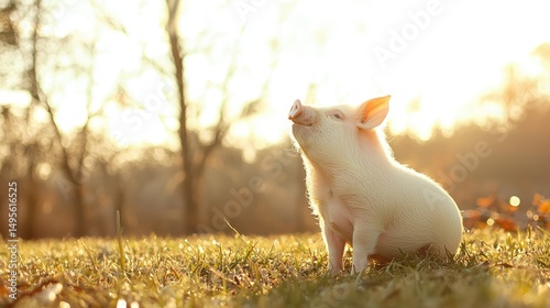 Young Pot Belly Pig standing still in the grass, looking to the right, with blurred trees and a bright sky above.