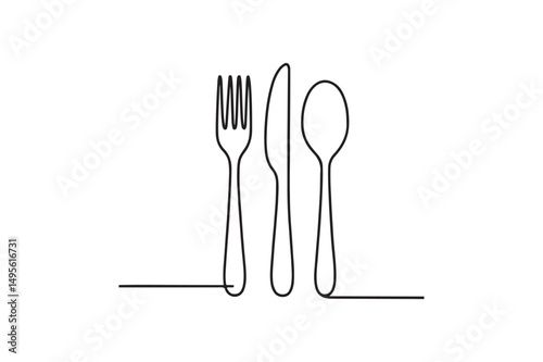 Cutlery Set Fork, Knife, Spoon continuous one line drawing minimalism design