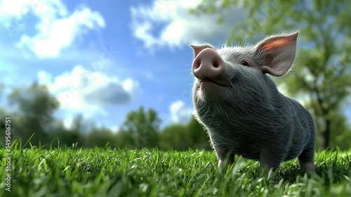 Young Pot Belly Pig with adorable ears, standing in green grass and gazing right, while the blue sky and trees are softly blurred.