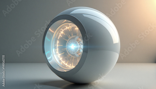 A white sphere features a central sensor glowing softly with intricate LED patterns, set on a neutral background.