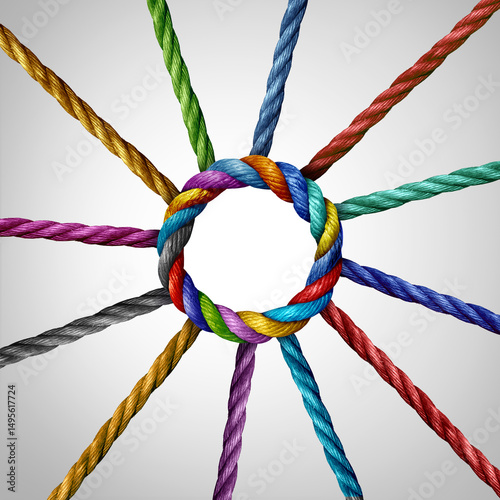 Centralized Network Access and Central core convergence connection business concept as a group of diverse ropes connected to a main circle rope as a primary hub metaphor for connectivity.